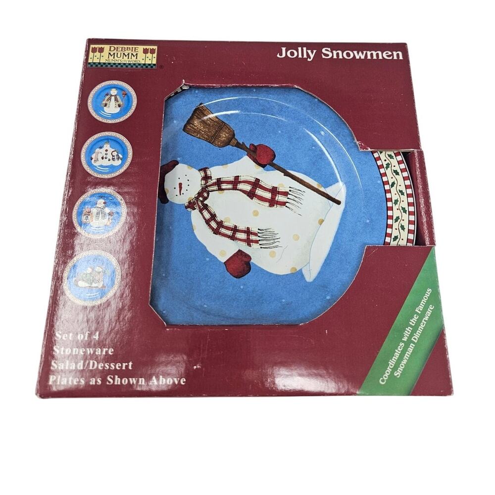 Vintage 90s Debbie Mumm 4 Jolly Snowmen Salad Plates Christmas Holiday Whimsical